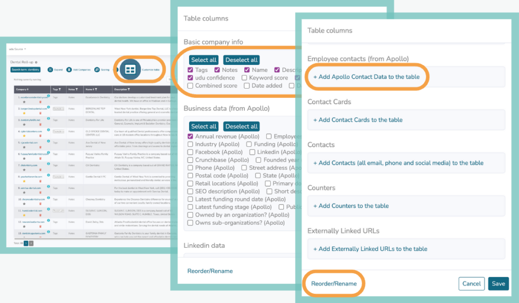 Adding columns to the table view; re-ordering and renaming table columns